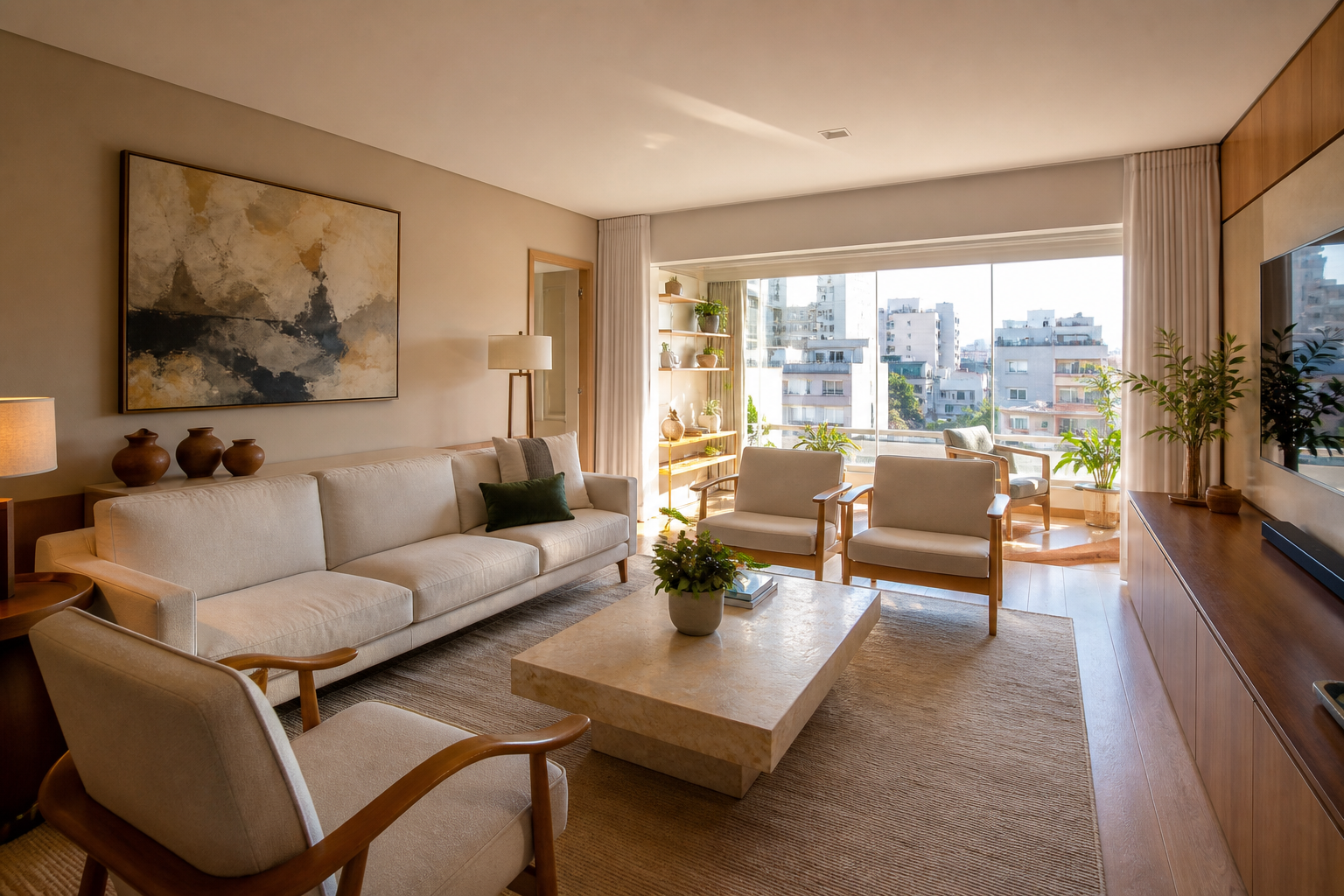 Sala ampla e iluminada de apartamento no Centro de Pelotas
